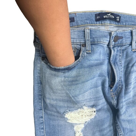 Hollister Mens 32x30 Blue Jeans Skinny Fit Advanced Stretch Distressed Ripped - Picture 5 of 13